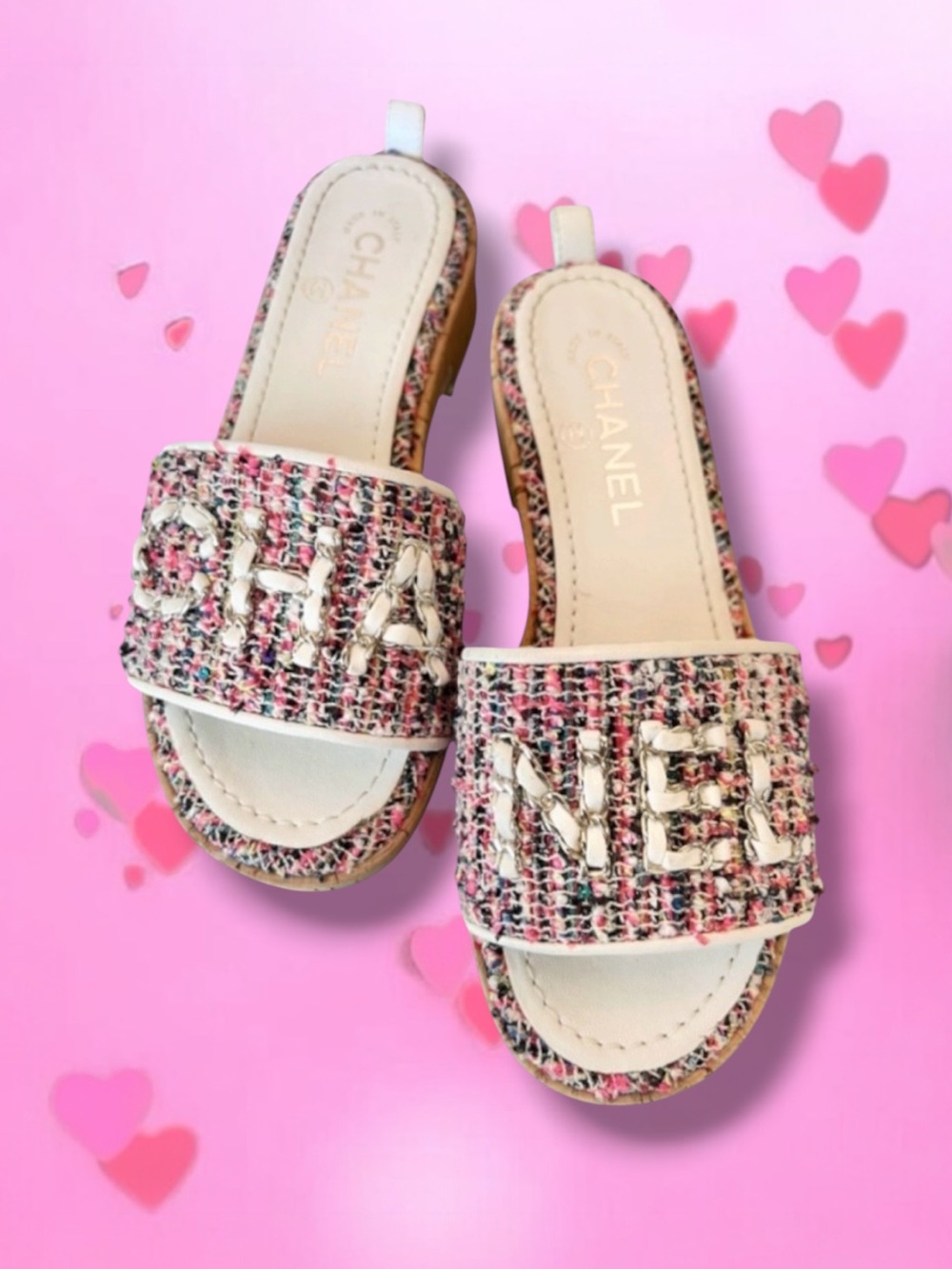 💗"CHA""NEL" Intertwined Leather Chain Tweed Mules Flats Sandals • PINK • 36.5 EU